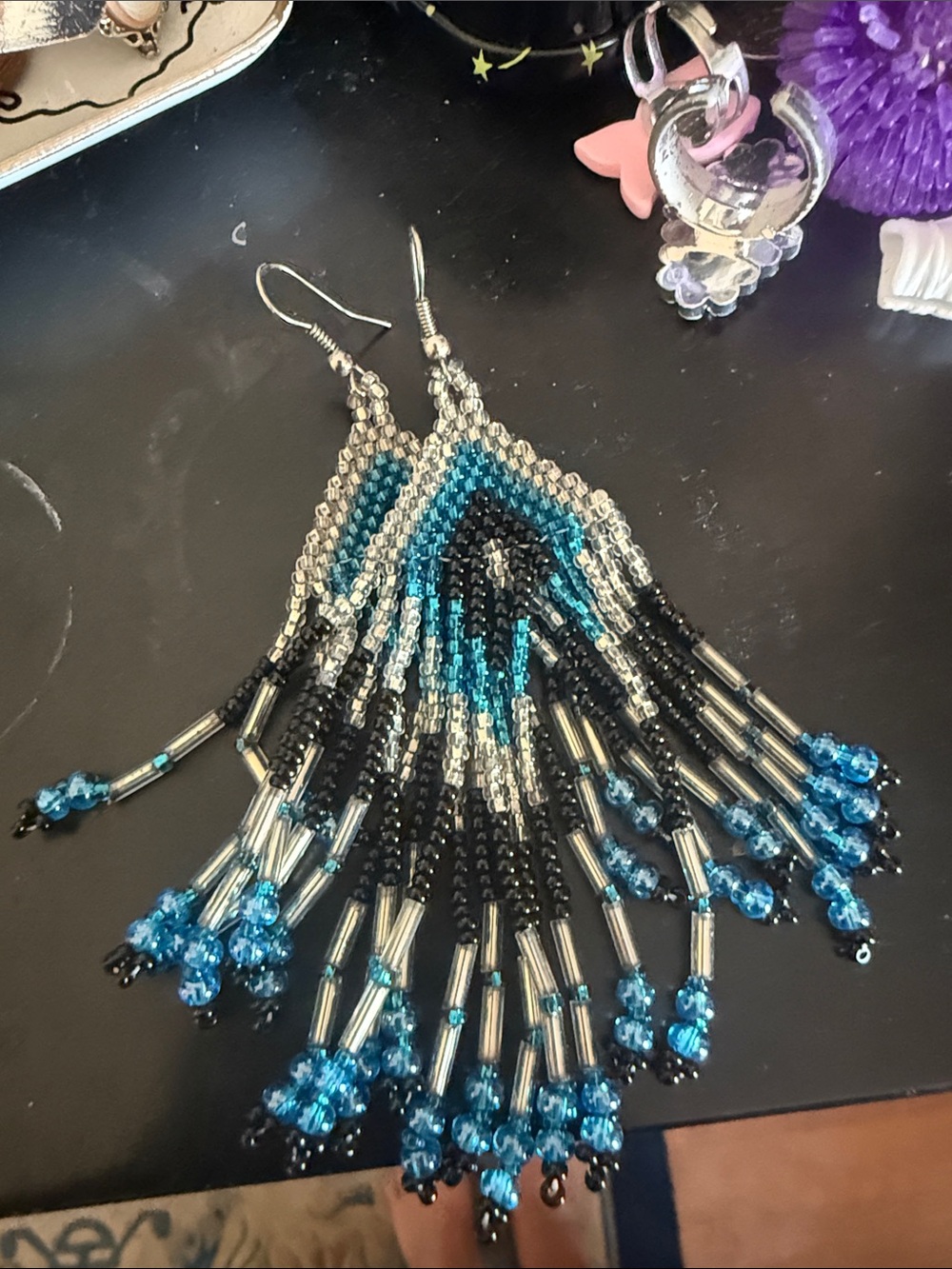 Handmade Teal, Black & Silver Seed Bead Fringe Earrings - Women Jewelry